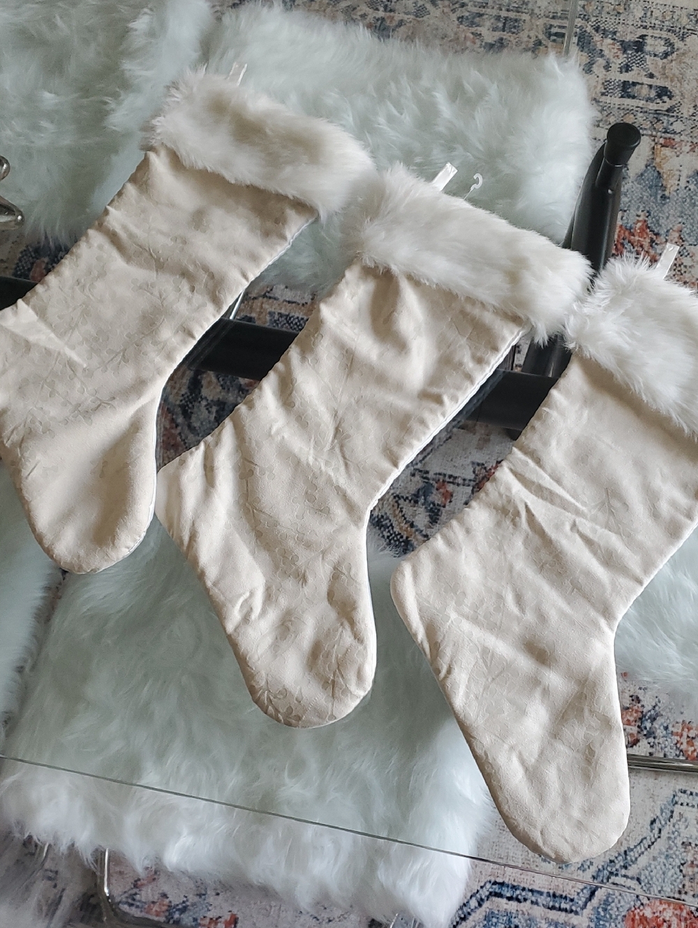 3x Large Ivory Velour Patterened Christmas Stockings White Faux Fur Trim